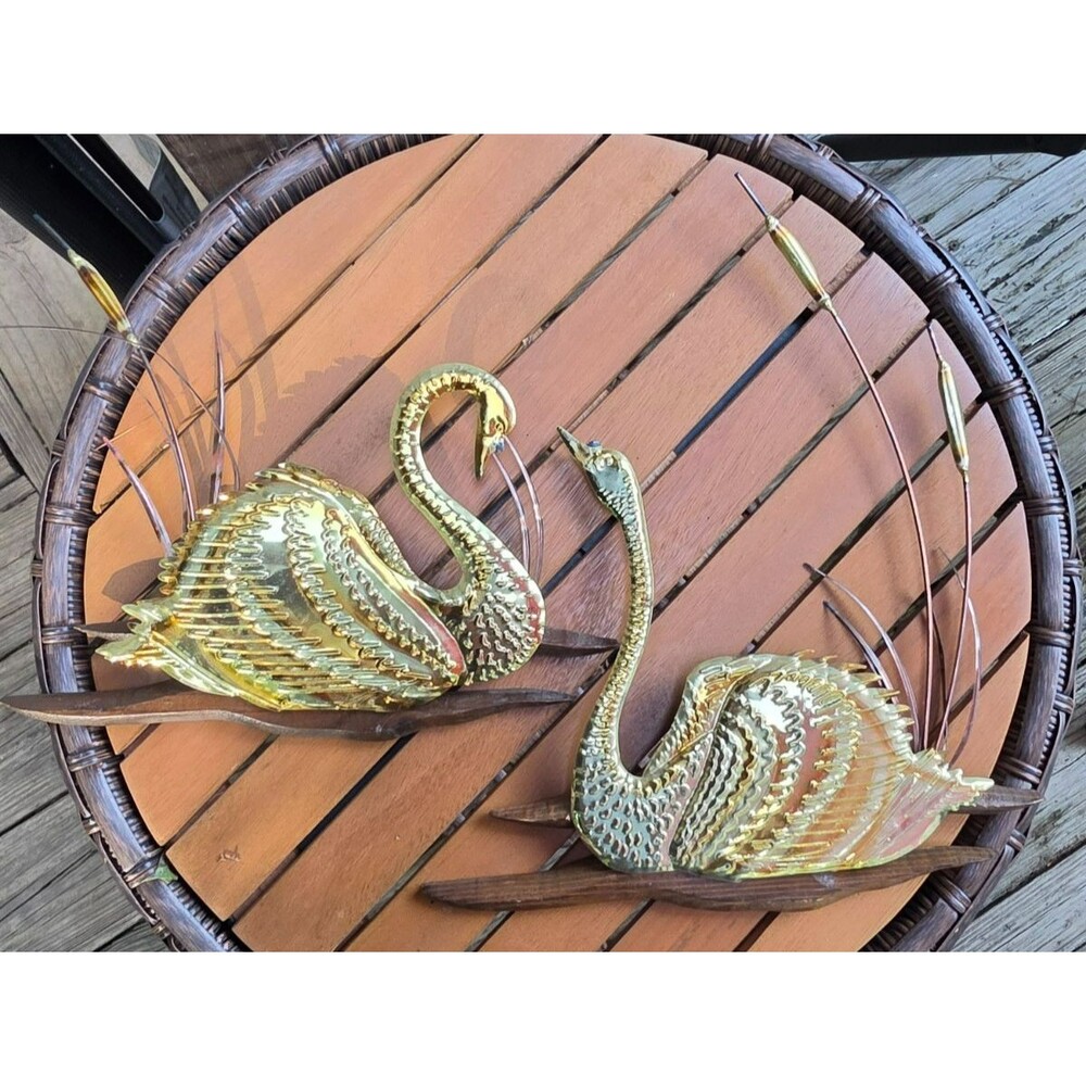 Vintage Mid-Century Modern Brass & Wood Swan Wall Sculptures w/ Cattails – Pair